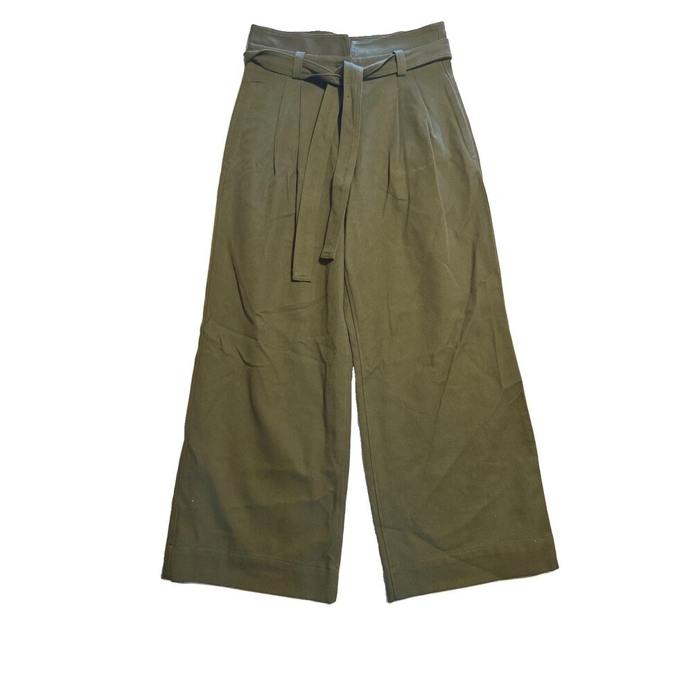 ALC Emily Belted Twill Pants Green High Waist Wide Leg Cotton Trousers 10